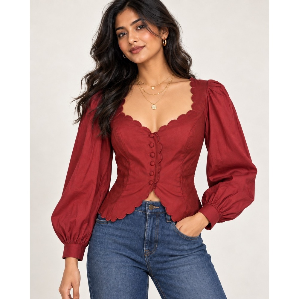 Reformation Red Scalloped Puff Sleeve Button Front Tie Back Top Size 0